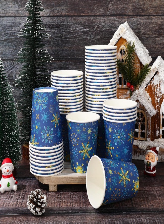 JarThenaAMCS مجموعة أكواب ورقية شتوية من JarThenaAMCS، 50 قطعة، بتصميم ندفة ثلجية زرقاء وذهبية، للاستخدام مرة واحدة، مثالية للمشروبات الباردة والساخنة في عيد الميلاد، وحفلات الزفاف، وتزيين طاولات الحفلات، سعة 9 أونصة. - Image 3